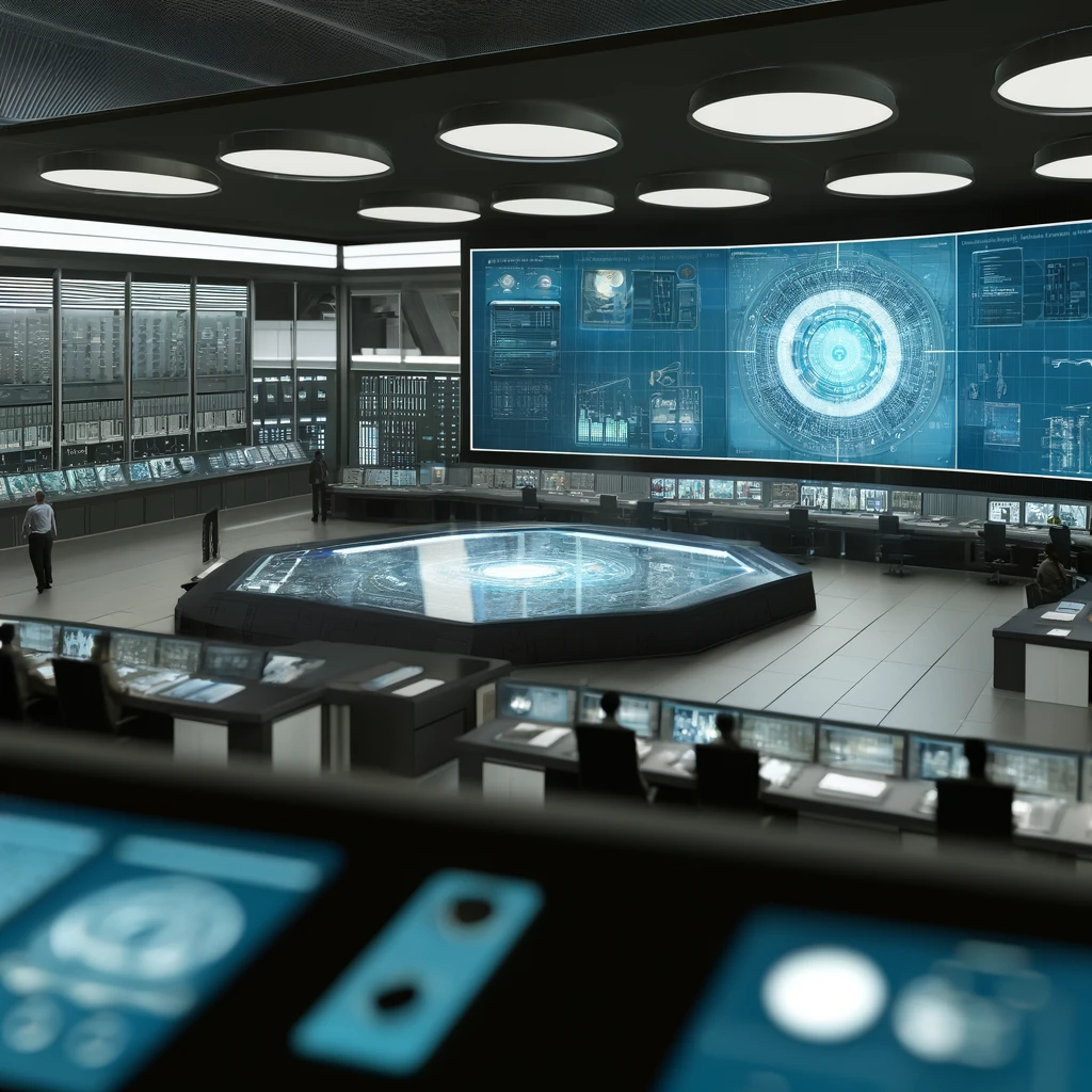 A futuristic control room filled with advanced operational technology. The scene features a large central monitor displaying a digital map.