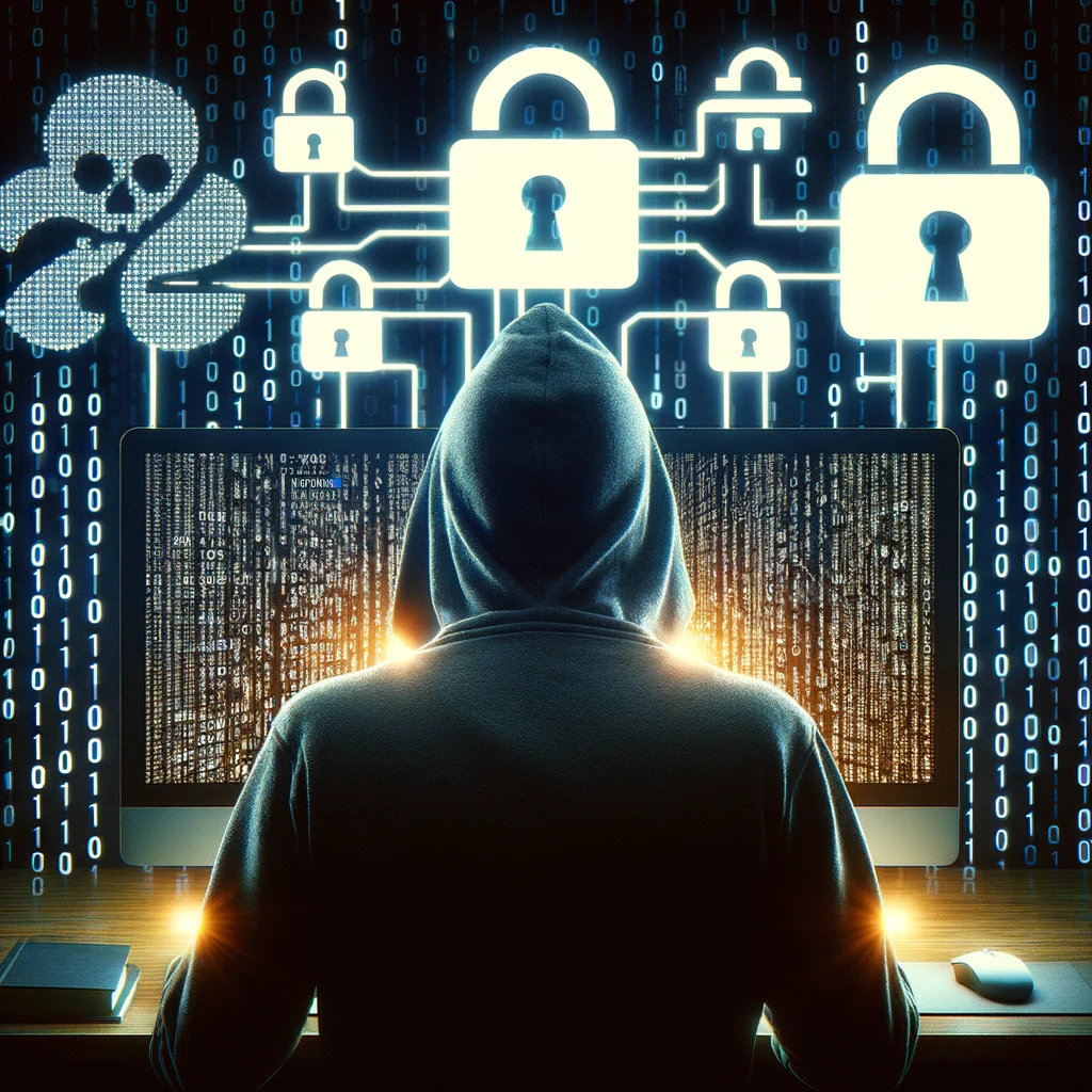 An image that visualizes a digital security breach in a highly sophisticated cyber attack. The scene shows a silhouette of a hacker with a hood.