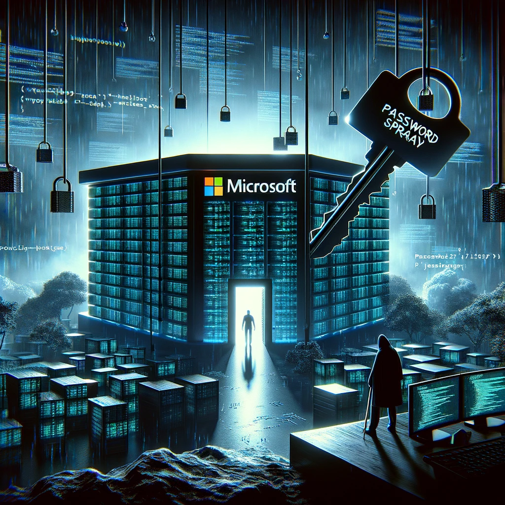 A digital landscape illustrating a cybersecurity breach. The scene depicts a large, fortress-like data center representing Microsoft.