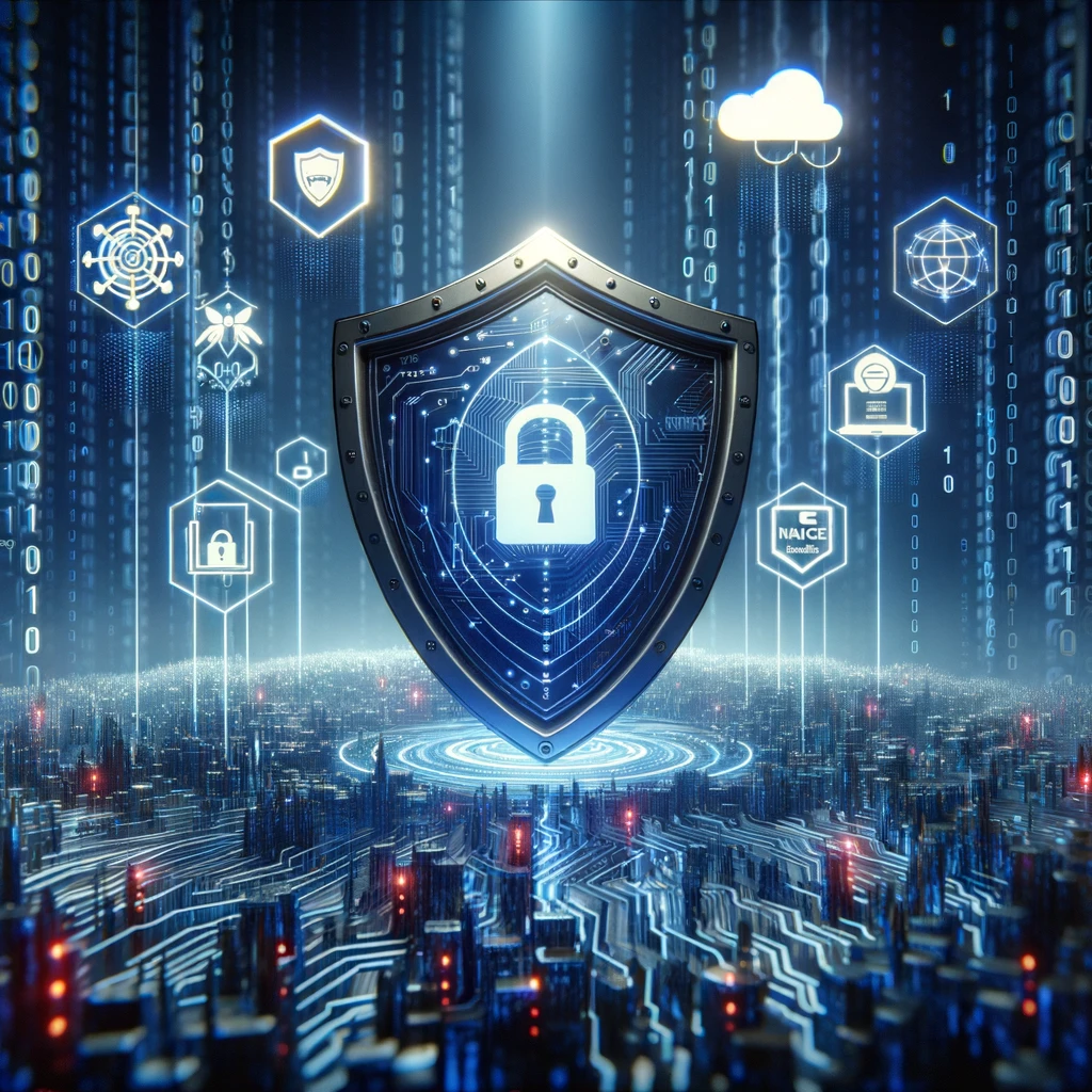 An image depicting the digital landscape of cybersecurity, featuring a shield symbolizing protection against cyber threats.