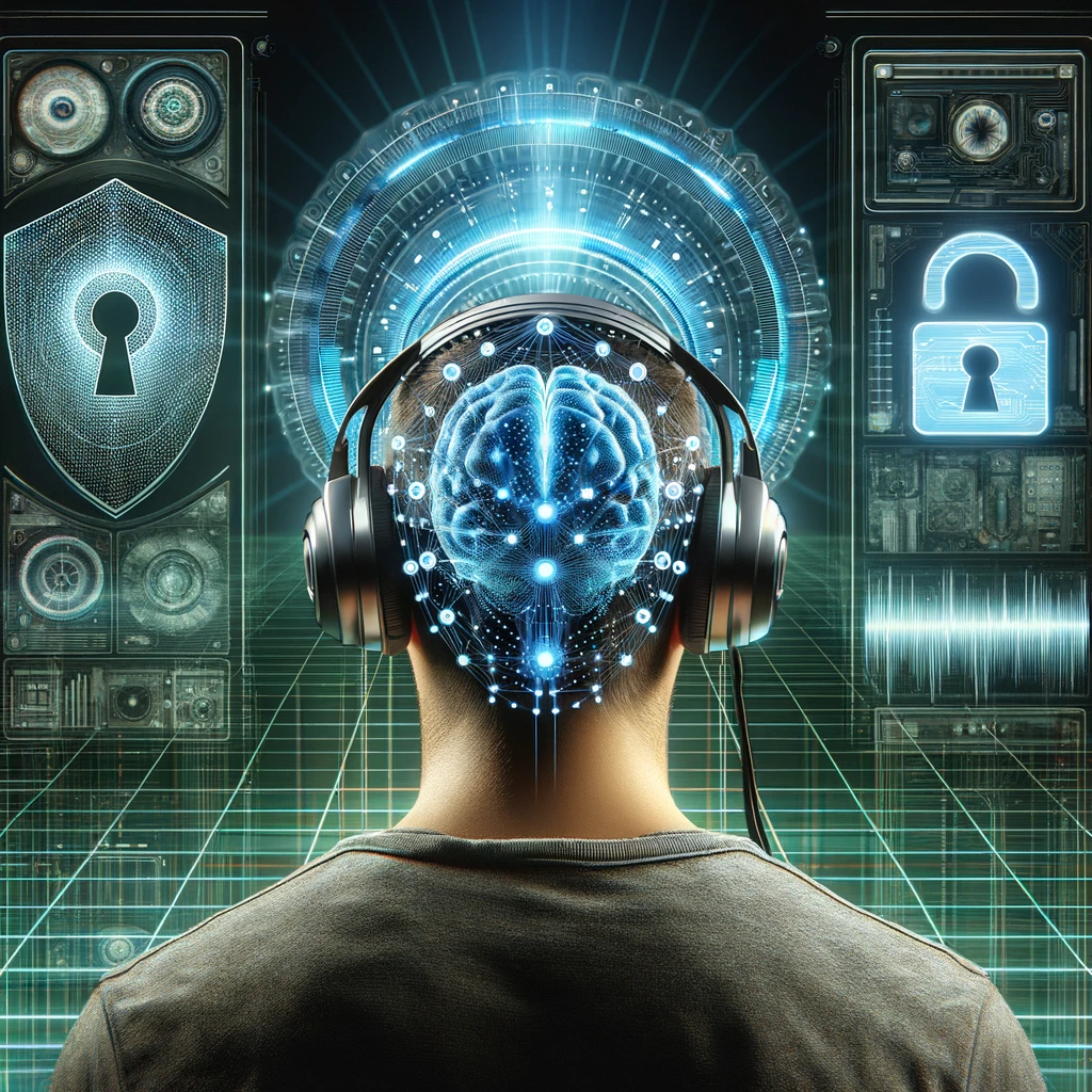 A futuristic image representing neurotechnology and privacy. The scene includes a person wearing a sleek, modern EEG headset.