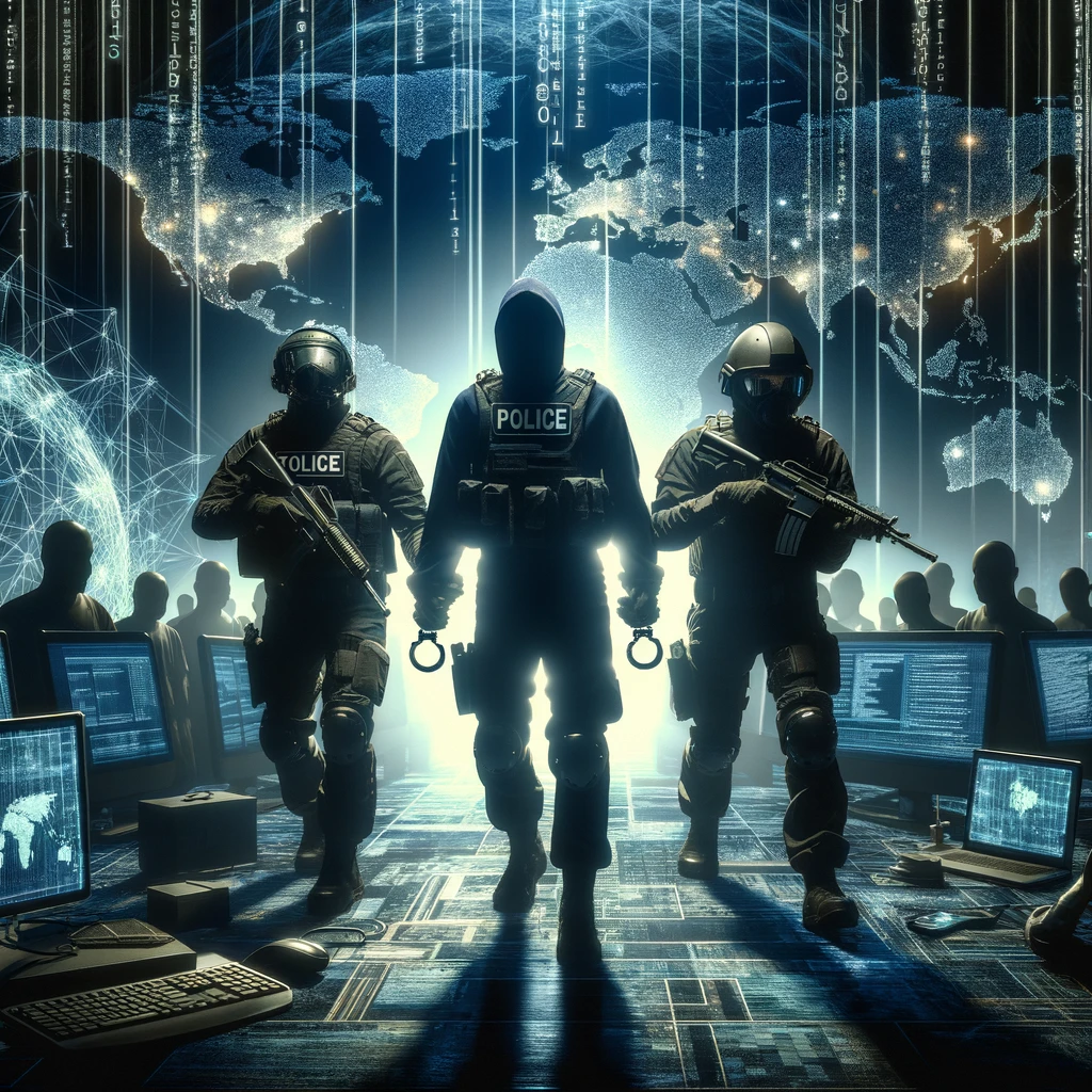 A dramatic digital artwork showcasing law enforcement officers in futuristic cyber gear apprehending shadowy figures representing hackers.