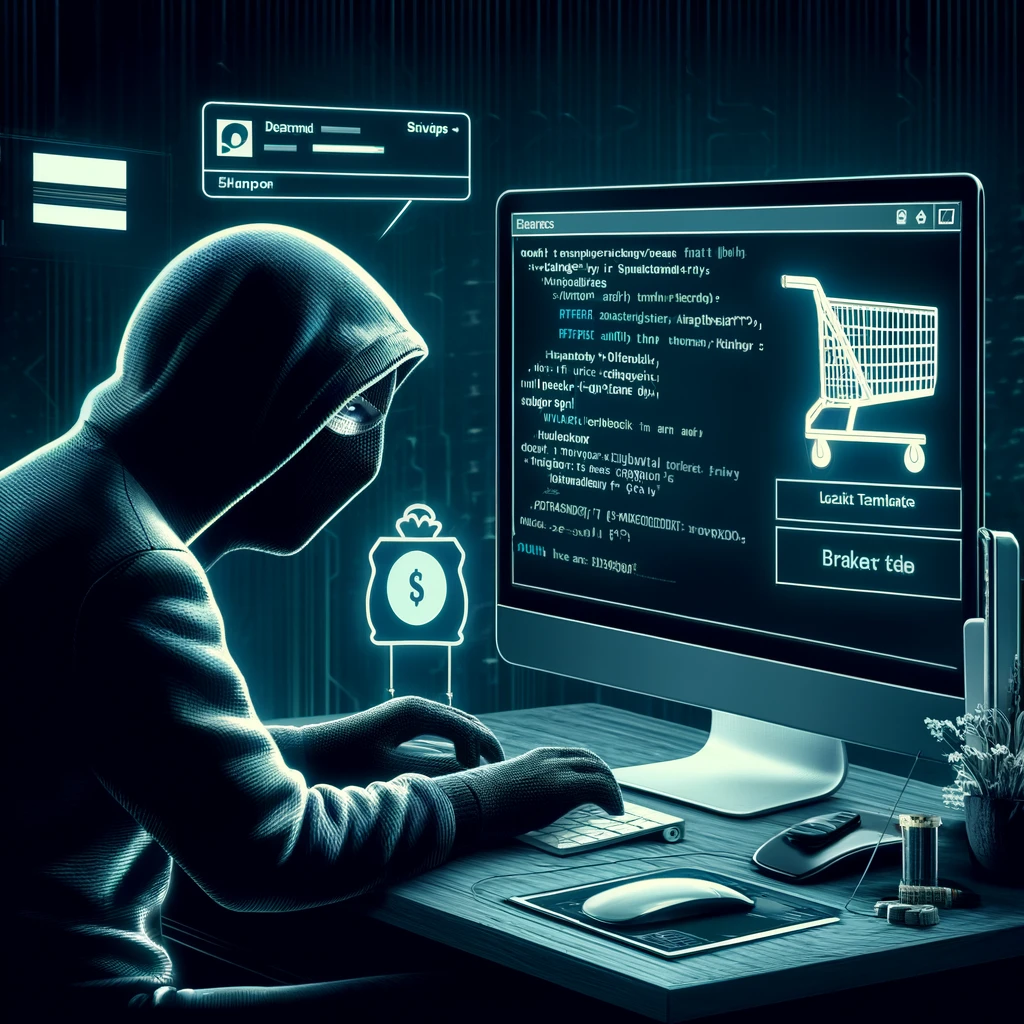 A digital illustration showing a hacker at a computer, exploiting a security flaw in an e-commerce website. The hacker, a shadowy figure with a hood.