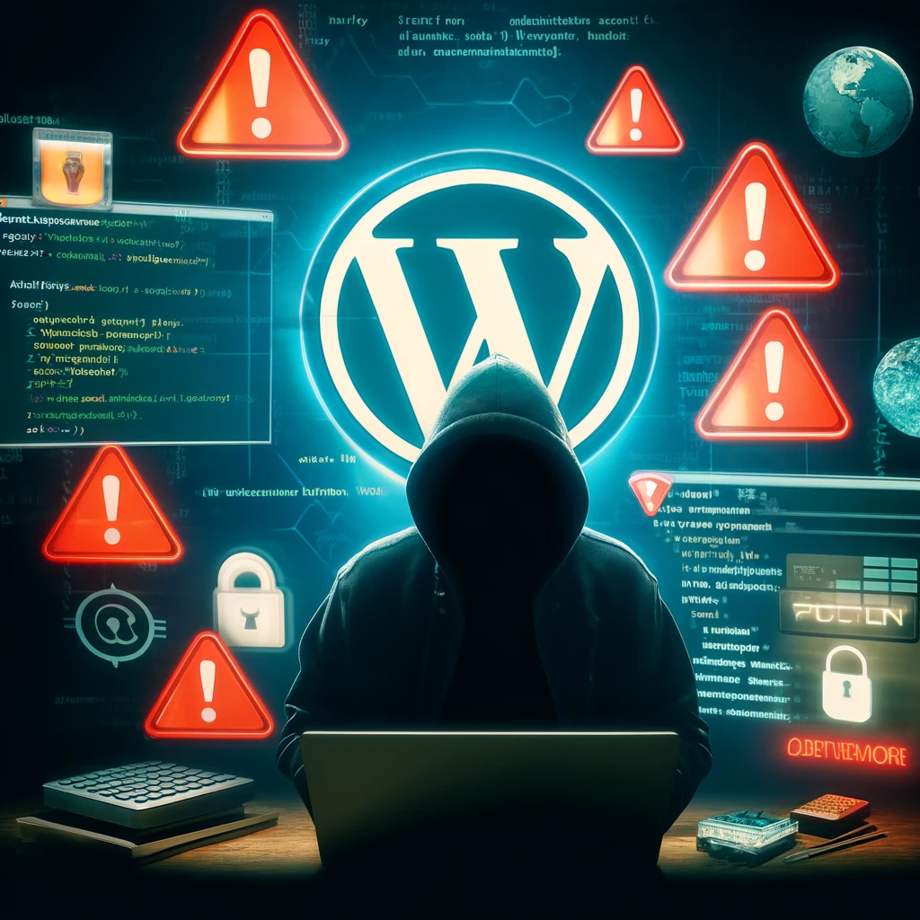 A visually striking image representing cybersecurity threats to WordPress plugins. The image features a WordPress logo with warning symbols.