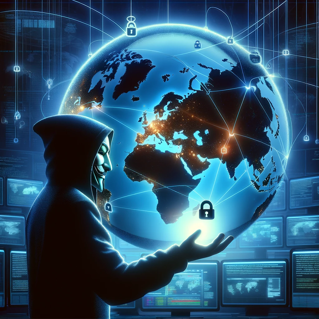 An illustration capturing the essence of a sophisticated global cyber espionage campaign by Russian state hackers. The scene features a shadowy figure.