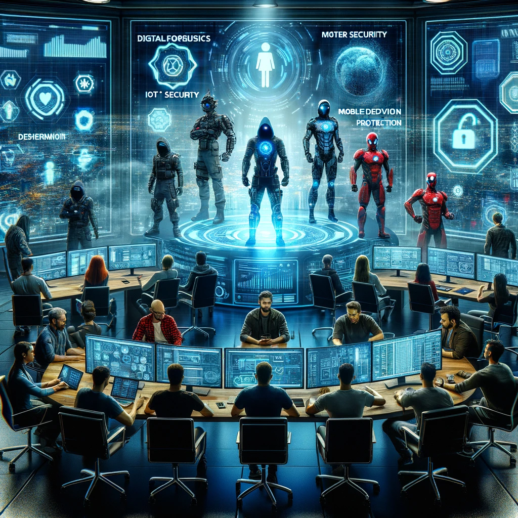 A high-tech command center bustling with activity. In the center, a diverse group of cybersecurity experts are gathered around a holographic.