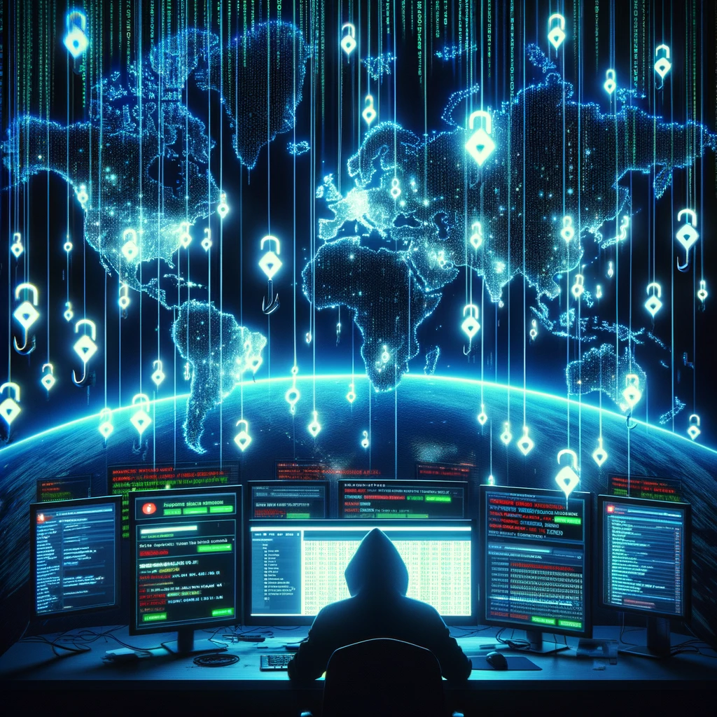 A digital world map illuminated by neon lights, with numerous phishing hooks emerging from various countries, symbolizing a global cyber attack.