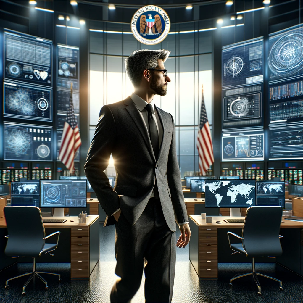 A professional office scene at the National Security Agency, featuring a male cybersecurity expert with short hair and glasses, stepping into a modern security operations center.