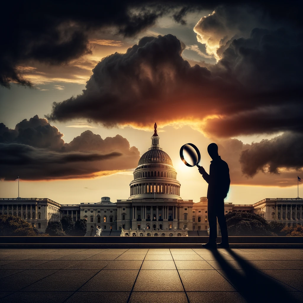 A dramatic depiction of the U.S. Capitol building at sunset, with dark clouds overhead symbolizing a looming decision. In the foreground, a silhouette.