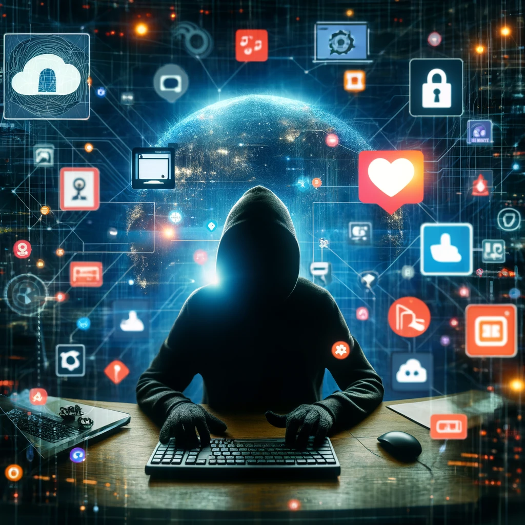 A digital collage illustrating the concept of social engineering in cybersecurity. The image features a shadowy figure sitting at a computer.