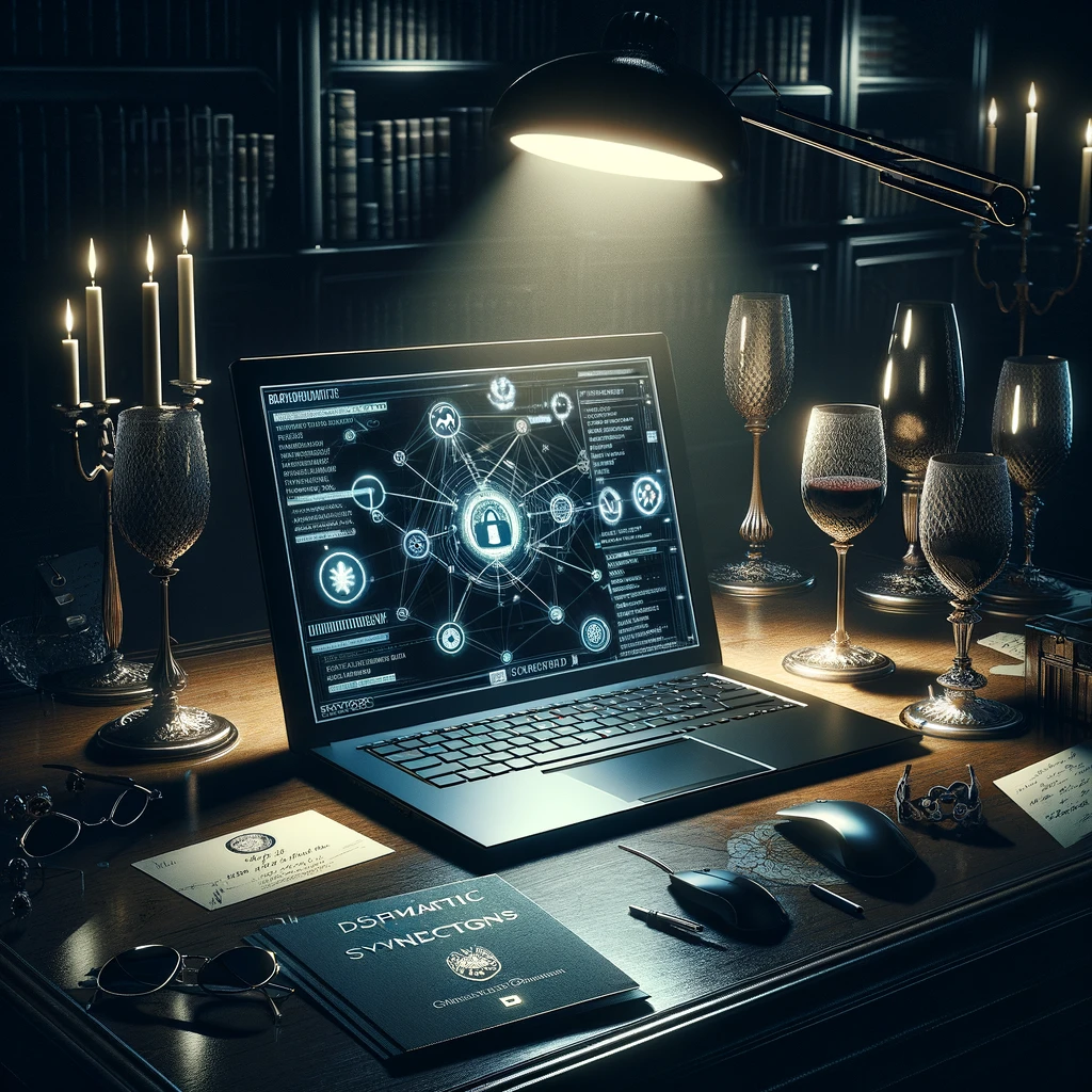 In a world of shadows and digital intrigue, a sleek, futuristic laptop sits open on an antique wooden desk, bathed in the soft glow of a desk lamp.