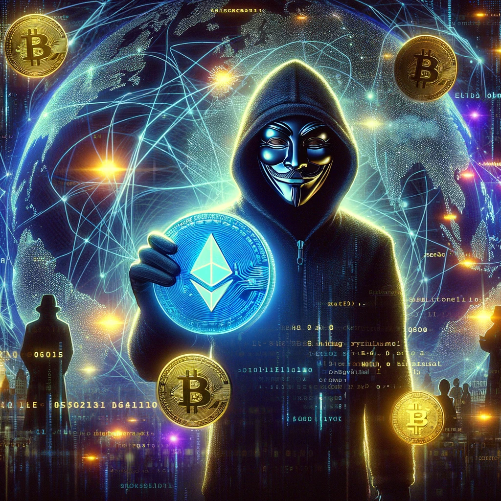 In a digital world, shadowy figures stand around a swirling vortex of digital codes and cryptocurrency symbols.