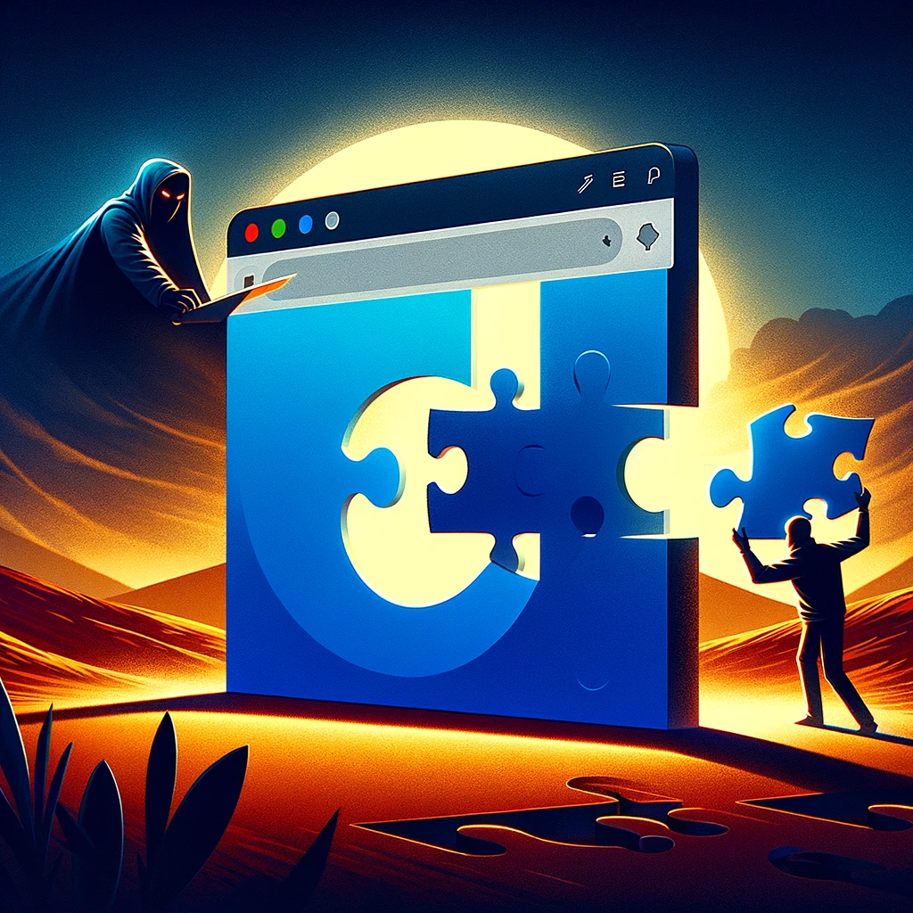 An illustration depicting a digital landscape with the Microsoft Edge browser in the foreground, looking strong and secure.