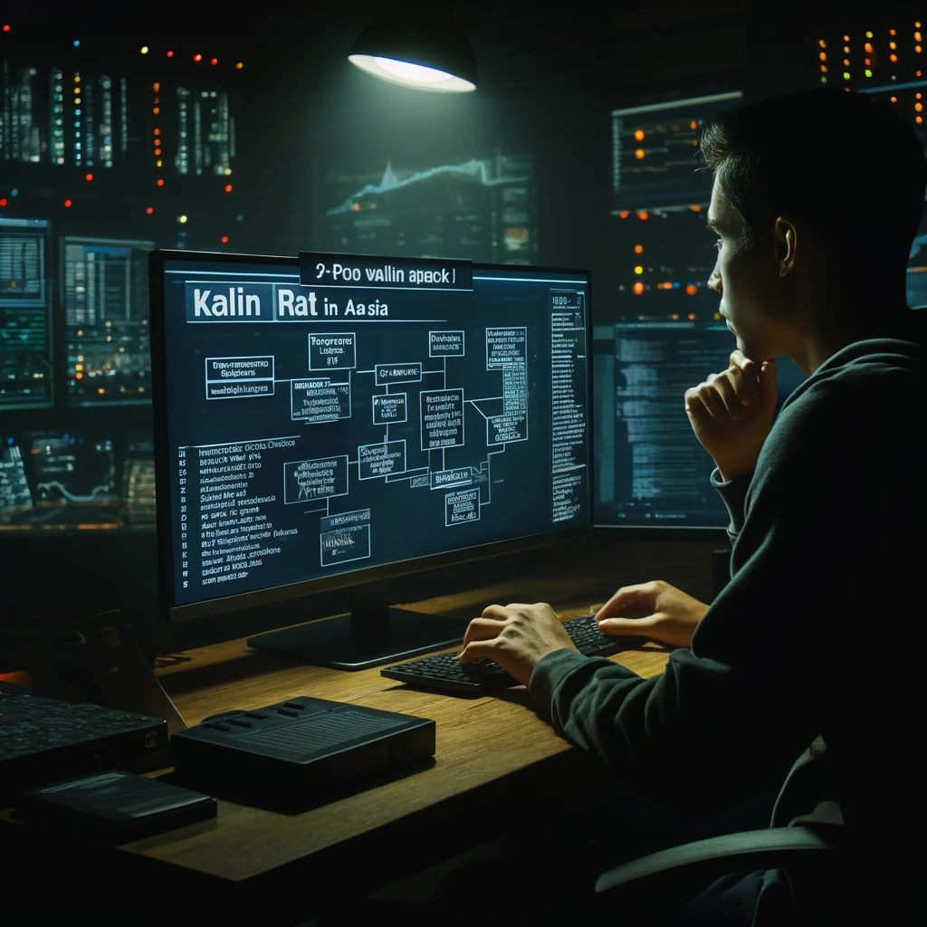 A cyber security analyst sits in a dark room lit only by computer screens, intensely examining code on a monitor. The screen displays a sophisticated flowchart.