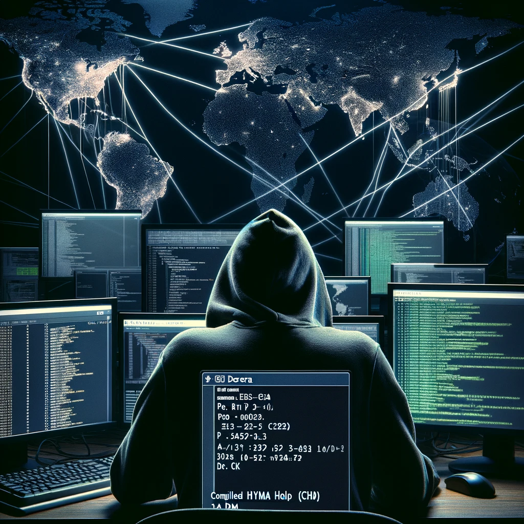 A cyber espionage scene depicting a shadowy figure wearing a hoodie, seated in front of multiple computer screens filled with code.