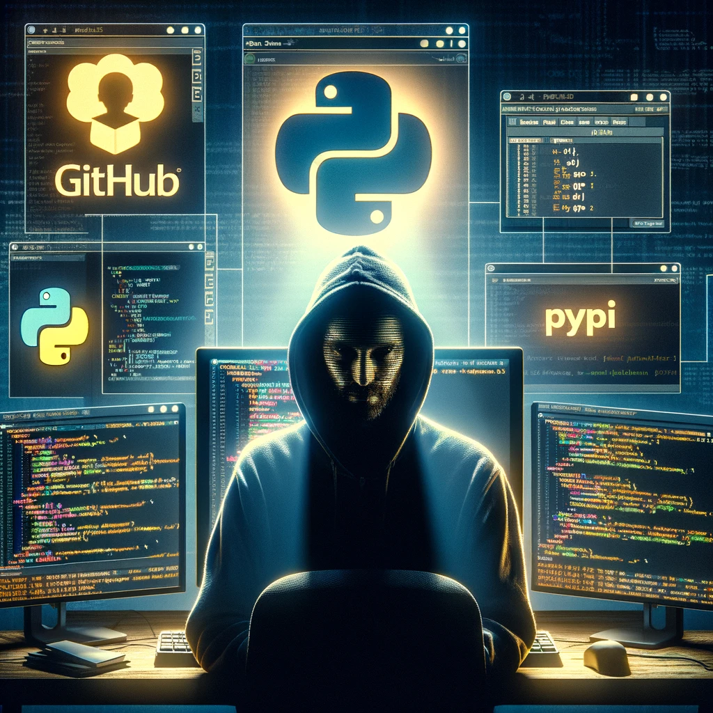 A dramatic digital illustration of a hacker at a computer with multiple screens showing code and API keys exposed.