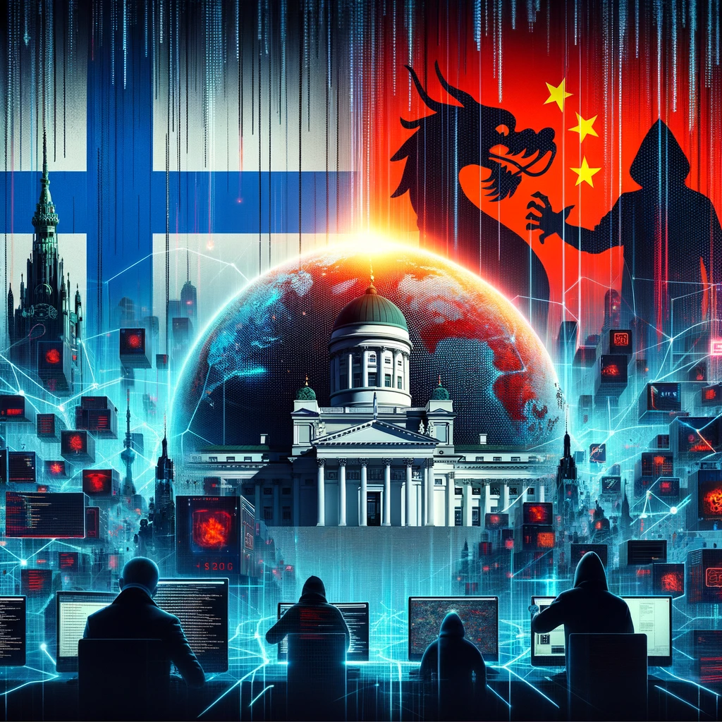 A scene where abstract digital elements blend with symbols of Finnish governance and Chinese cyber espionage.