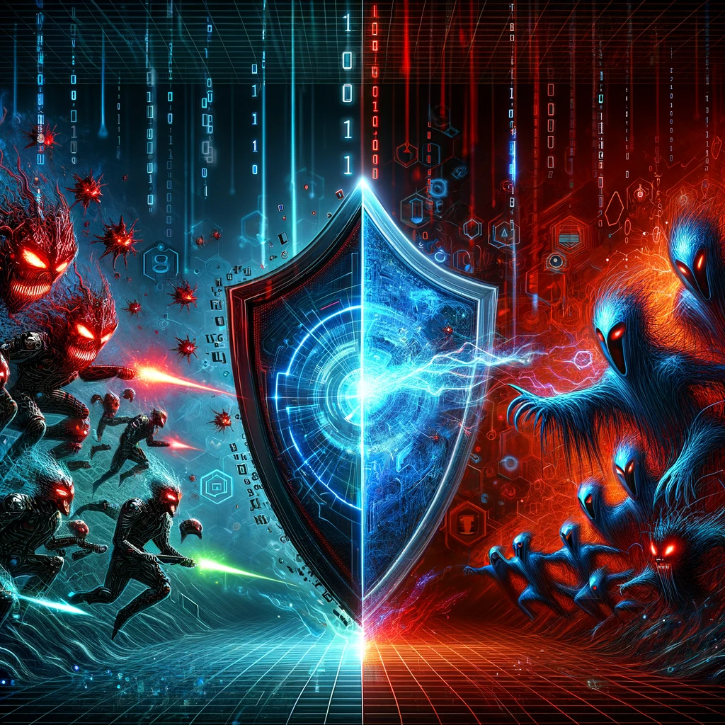 Visualization of the concept of the battle between advanced cybersecurity solutions and AI-driven threats.