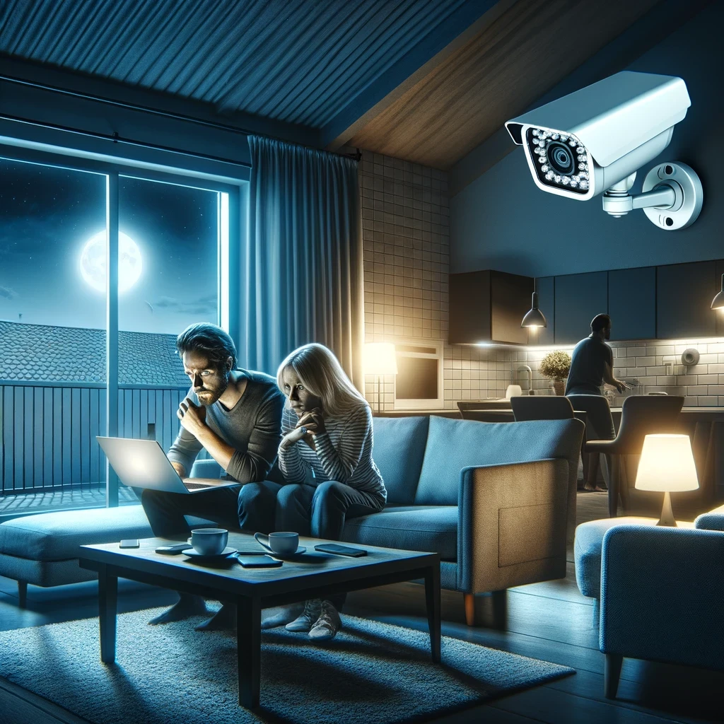 A scene depicting a home security environment gone wrong, reflecting privacy concerns. The image shows a living room with a laptop screen.