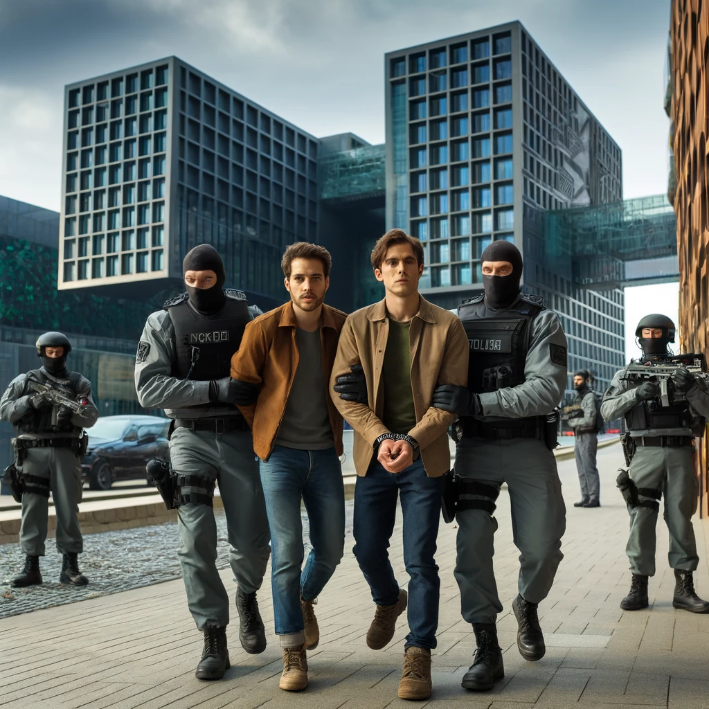 A dramatic scene depicting three individuals being arrested by German police officers in an urban environment, possibly near a university.