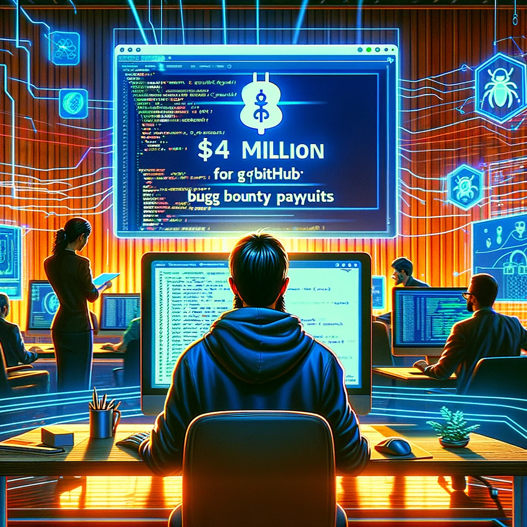 A vibrant digital art scene depicting a cybersecurity expert in front of a computer, examining lines of code on the screen.