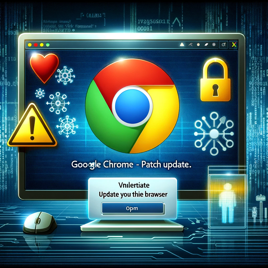 An illustration of a computer screen displaying the Google Chrome logo, with a warning symbol and a 