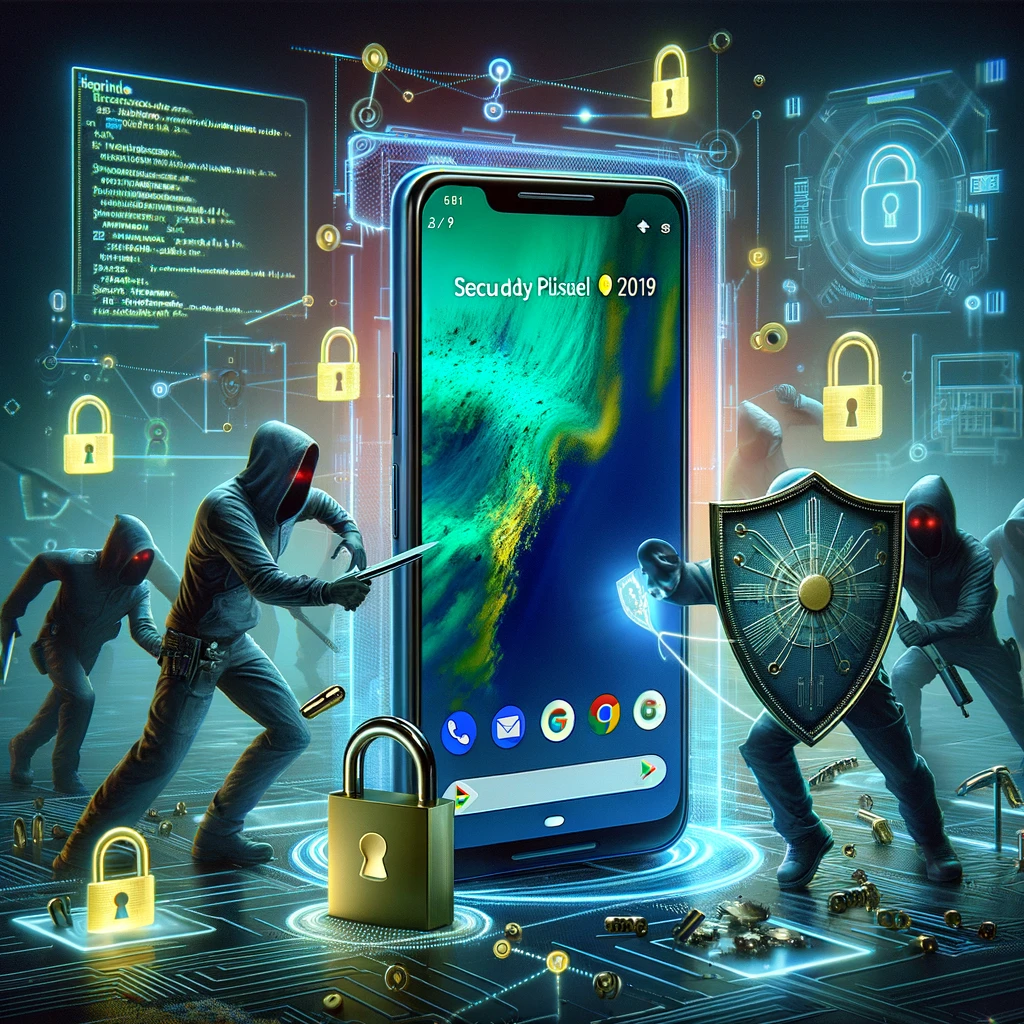 A highly detailed and vibrant digital illustration showing a Google Pixel phone surrounded by digital locks and shields, symbolizing enhanced security.