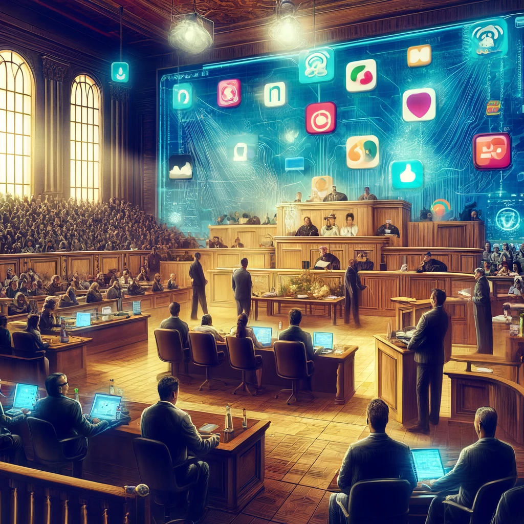 A vivid depiction of a legal courtroom scene involving Google