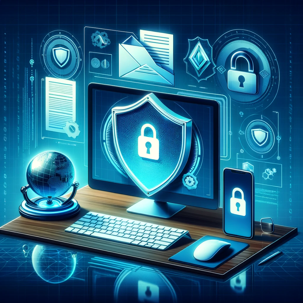 A digital illustration showing a secure, modern computer setup featuring a VPN connection on a computer screen, a shield symbol representing privacy.