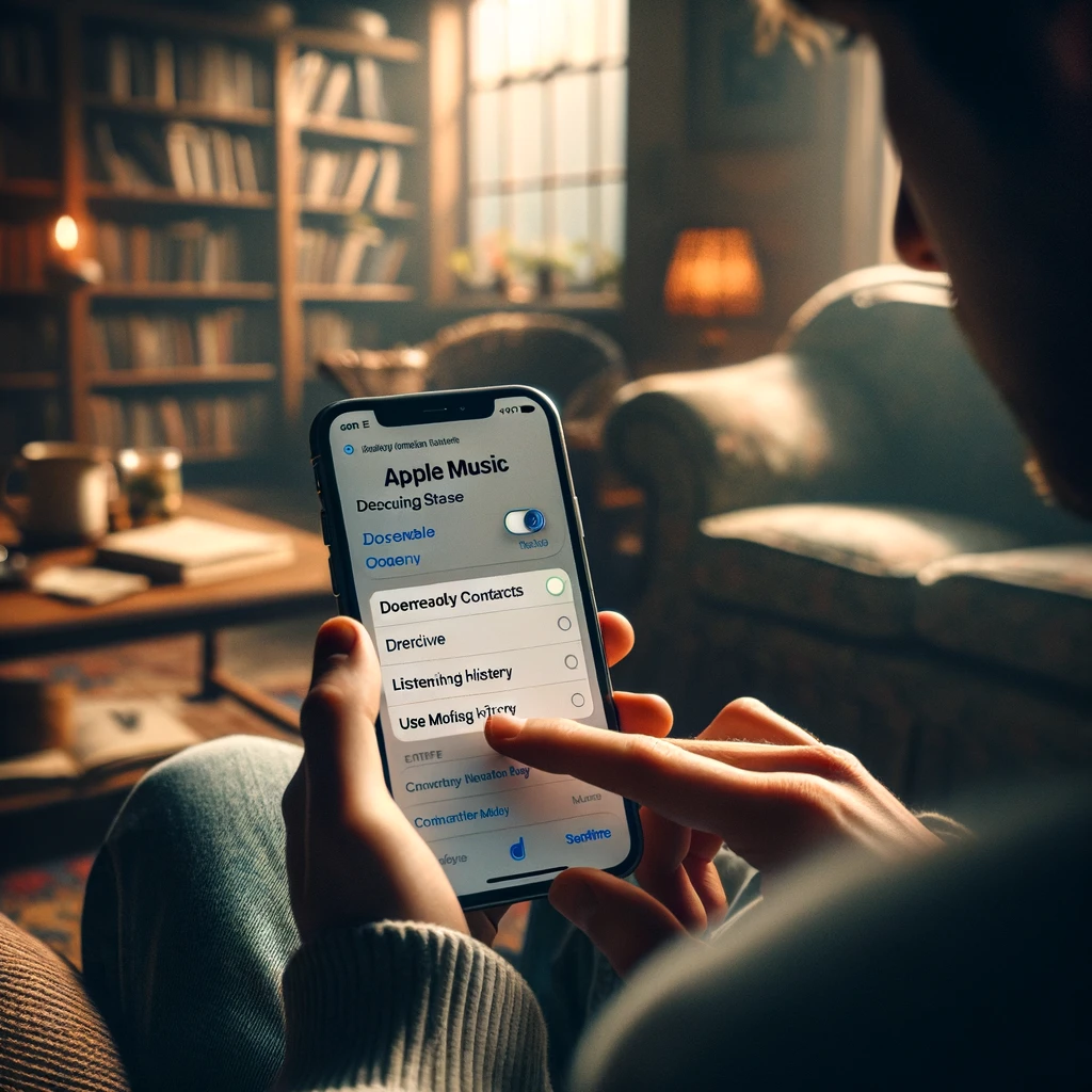 A person using an iPhone in a cozy living room, intently navigating the Apple Music settings. The environment is peaceful and private.