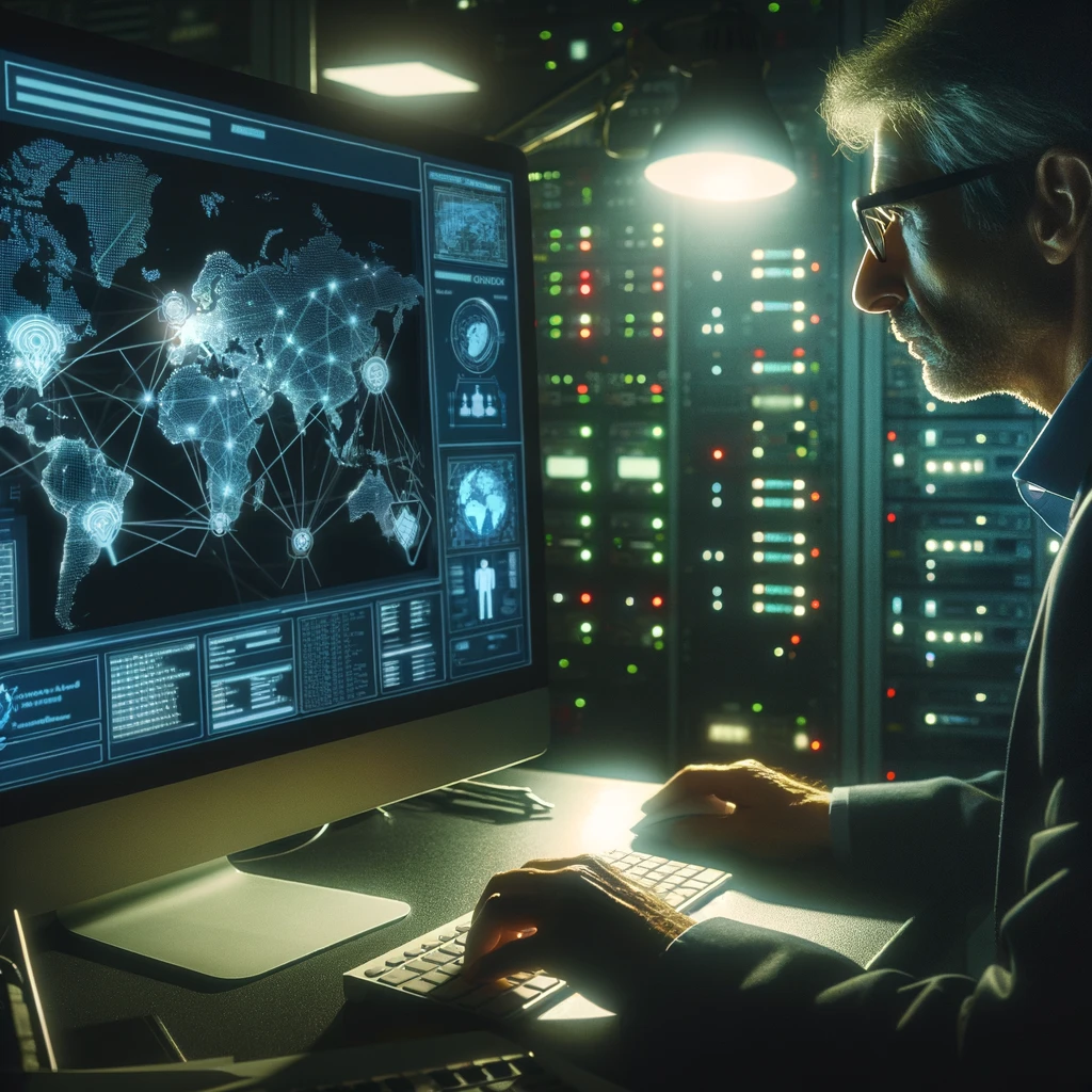 A cybersecurity expert analyzes threats on a computer screen in a dark room, illuminated only by the glow of the monitor.