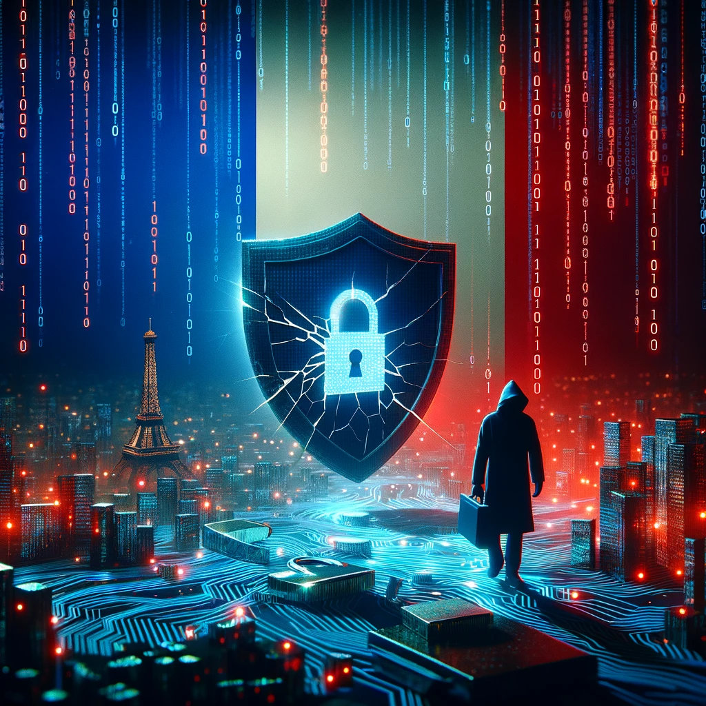 An image depicting a digital landscape with a broken shield symbolizing a data breach in front of the French flag, with digital binary code raining down.