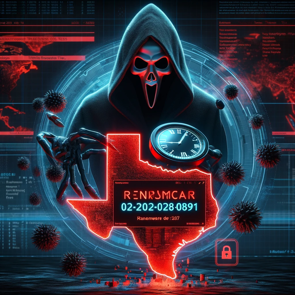 A digital illustration showing a shadowy, ominous figure symbolizing the Medusa ransomware group looming over a digital map of Tarrant County, Texas.