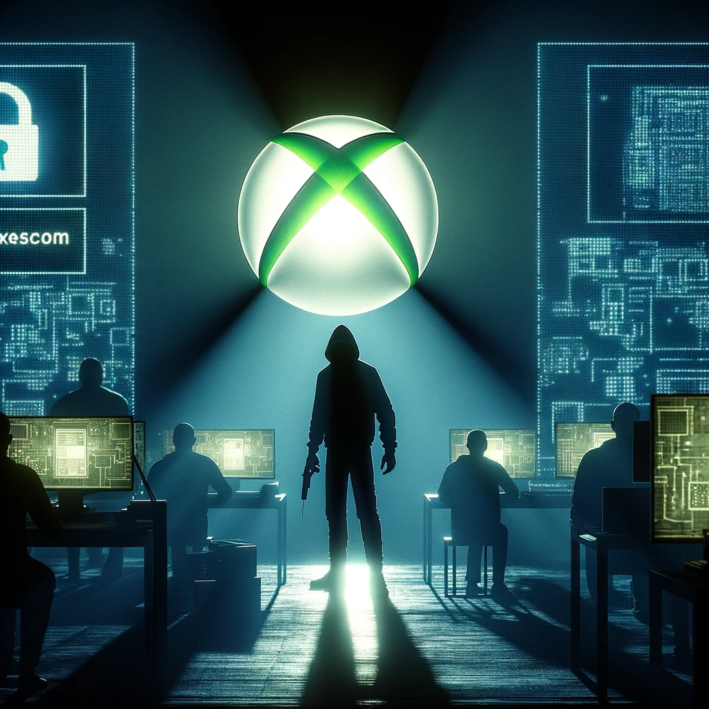 A digital illustration showing a silhouette of a hacker in a dark room filled with computer screens, one prominently displaying the Xbox logo.