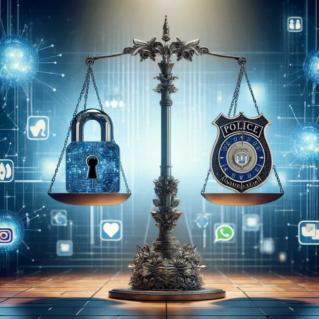 A visually engaging image that represents the theme of balancing privacy and security. The scene includes a scale of justice.