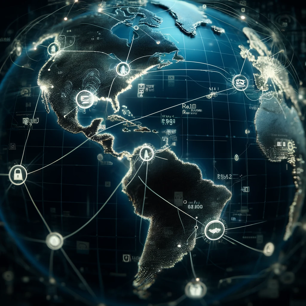 A sophisticated digital world map focused on Latin America, illustrating a phishing attack. The map shows digital connections and data streams.