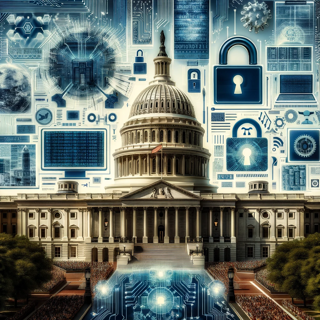 A digital collage representing the new U.S. security guidelines against AI threats in critical infrastructure. The image should include a symbolic government building.