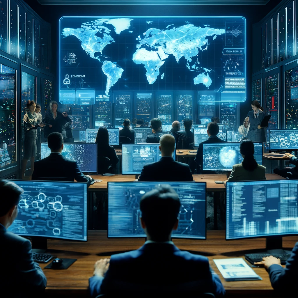 A cyber security operations center with a group of diverse analysts monitoring screens showing digital maps and code. The environment is high-tech.