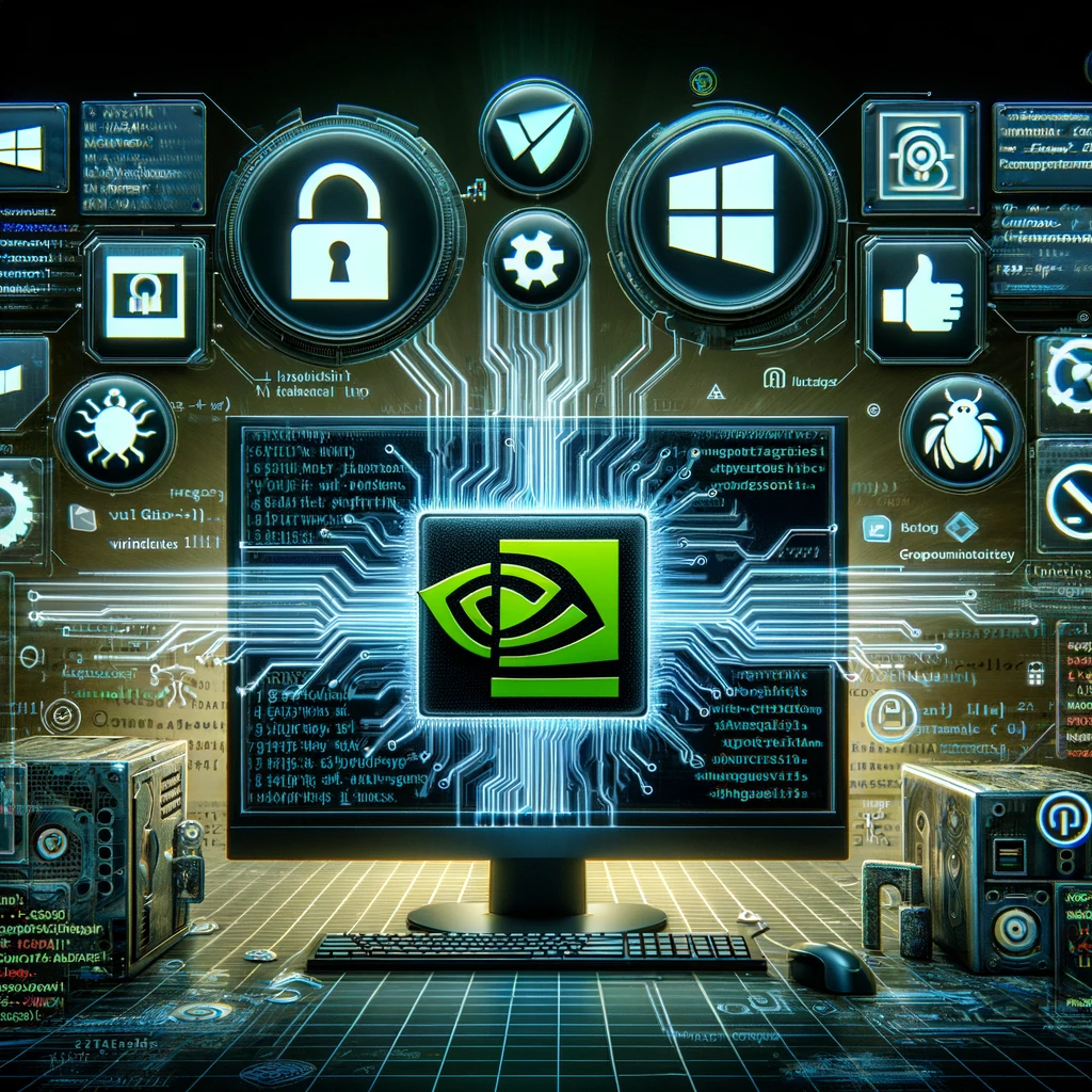 A detailed image showing a computer with the Nvidia logo prominently displayed on the screen, surrounded by digital symbols representing security vulnerabilities.