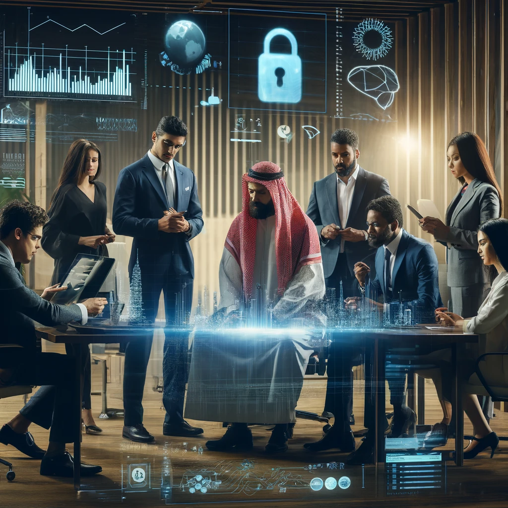 A modern business setting in the Middle East with a focus on payment security. The scene includes a group of diverse professionals.