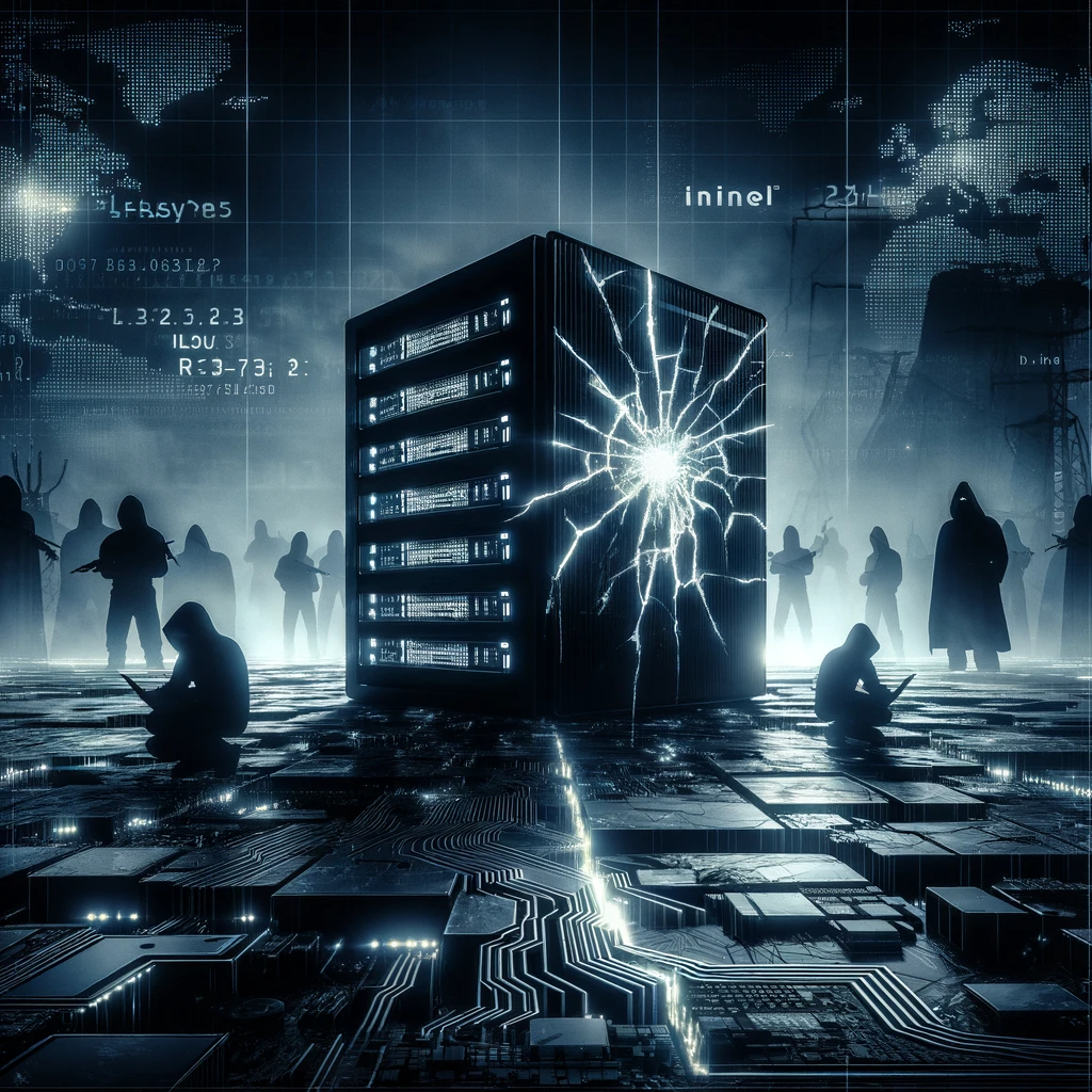 A dramatic visualization of cybersecurity vulnerabilities in technology. The scene depicts a digital landscape with a cracked, glowing web server.