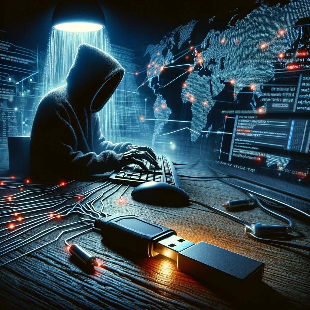 A dramatic digital artwork showing a computer virus attacking a network. The scene depicts a shadowy figure typing on a keyboard in a dark room.