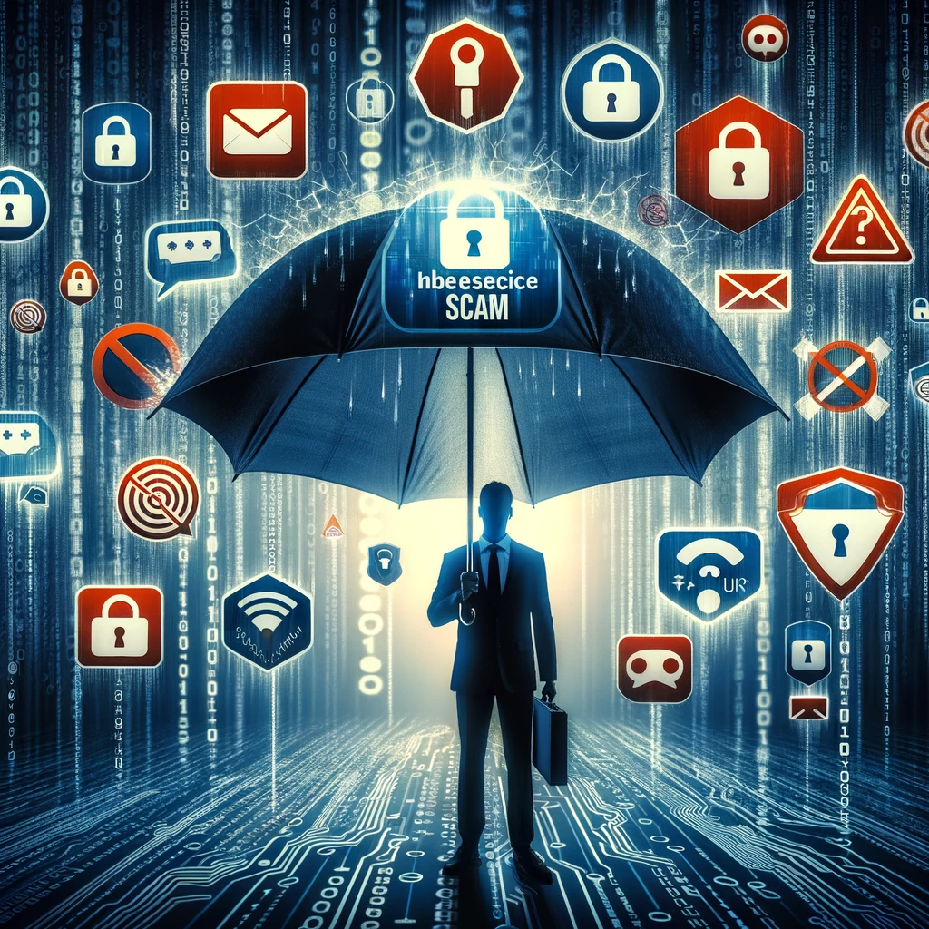 An image depicting a figure shielding themselves from various icons representing scams, such as phishing emails, fake URLs, and alarmist text.