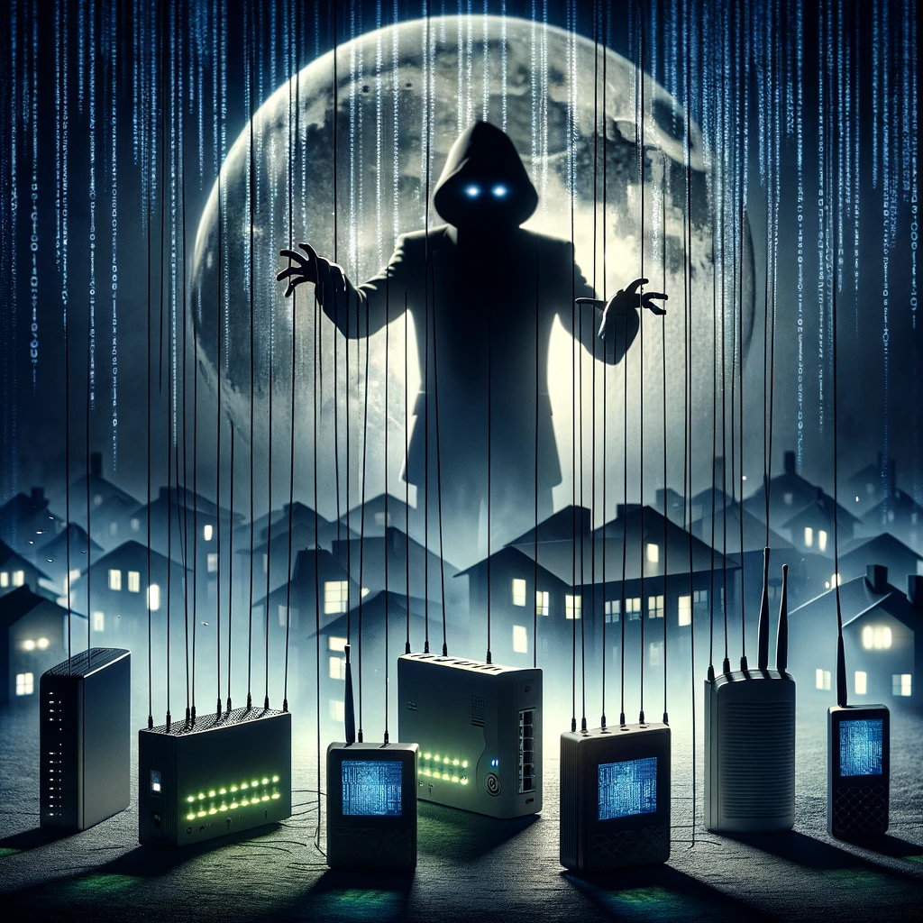 A digital artwork depicting a shadowy figure controlling a network of interconnected devices, including routers and IoT gadgets.