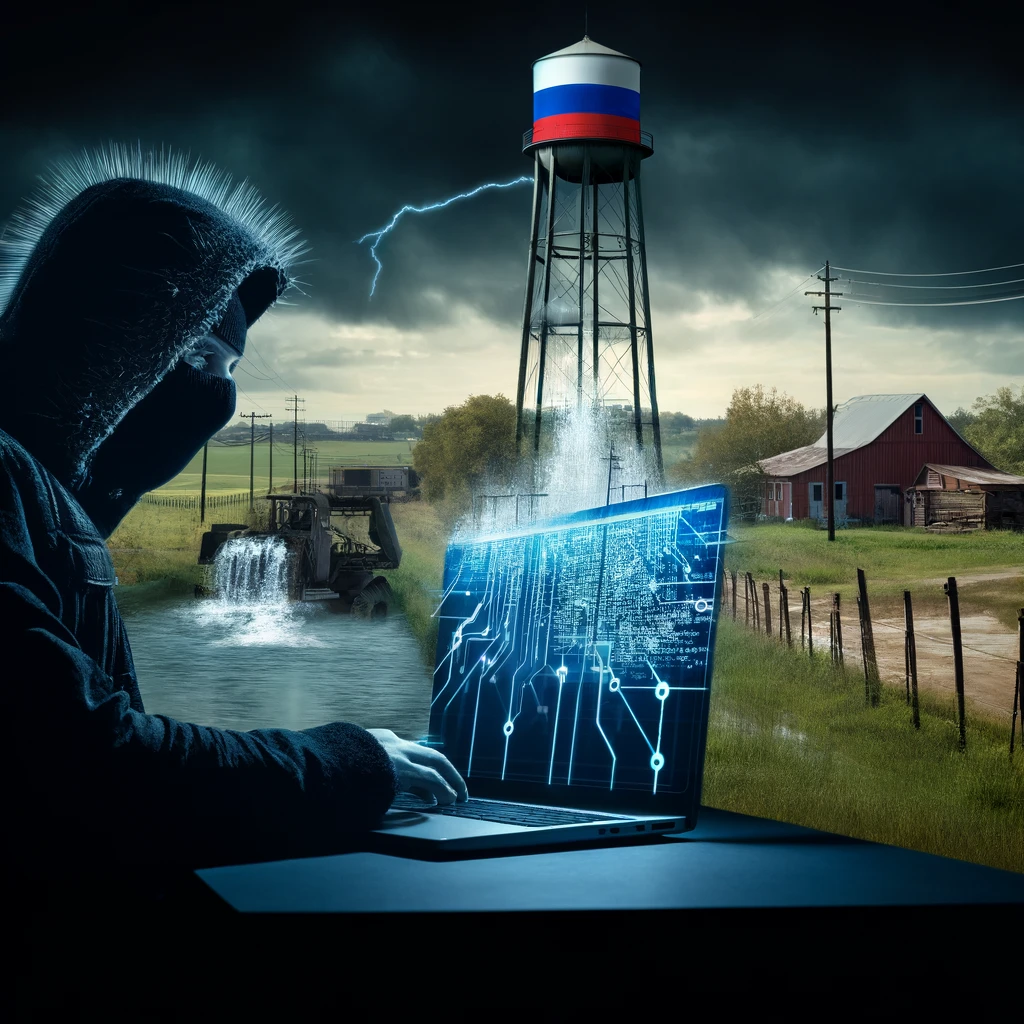 A digital artwork depicting a dramatic scene of a cyberattack on a small town