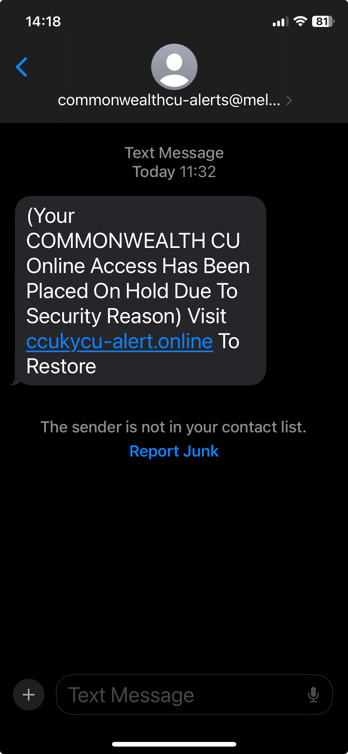 Screenshot of a text message from a scammer