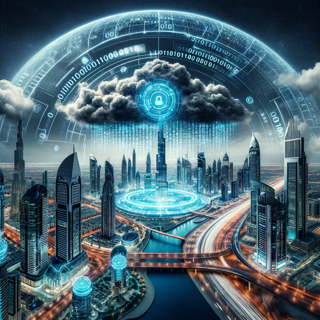 A futuristic cityscape of the United Arab Emirates with advanced digital infrastructure visible in the form of holographic displays and autonomous vehicles.