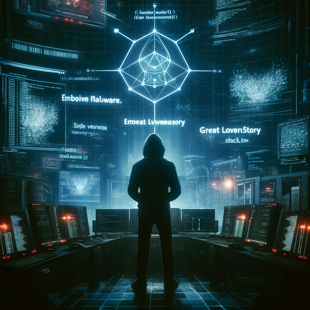 A digital artwork showing a hacker in a dark room, surrounded by screens displaying code and complex diagrams. The hacker is manipulating a digital image.