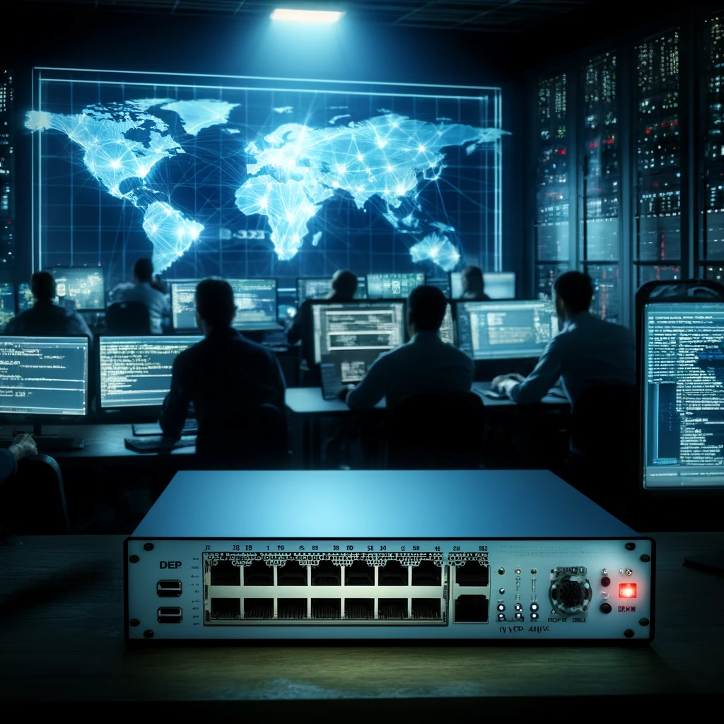 A cyber security operations room filled with monitors displaying network maps and code. In the foreground, a network edge device like a firewall or VPN.