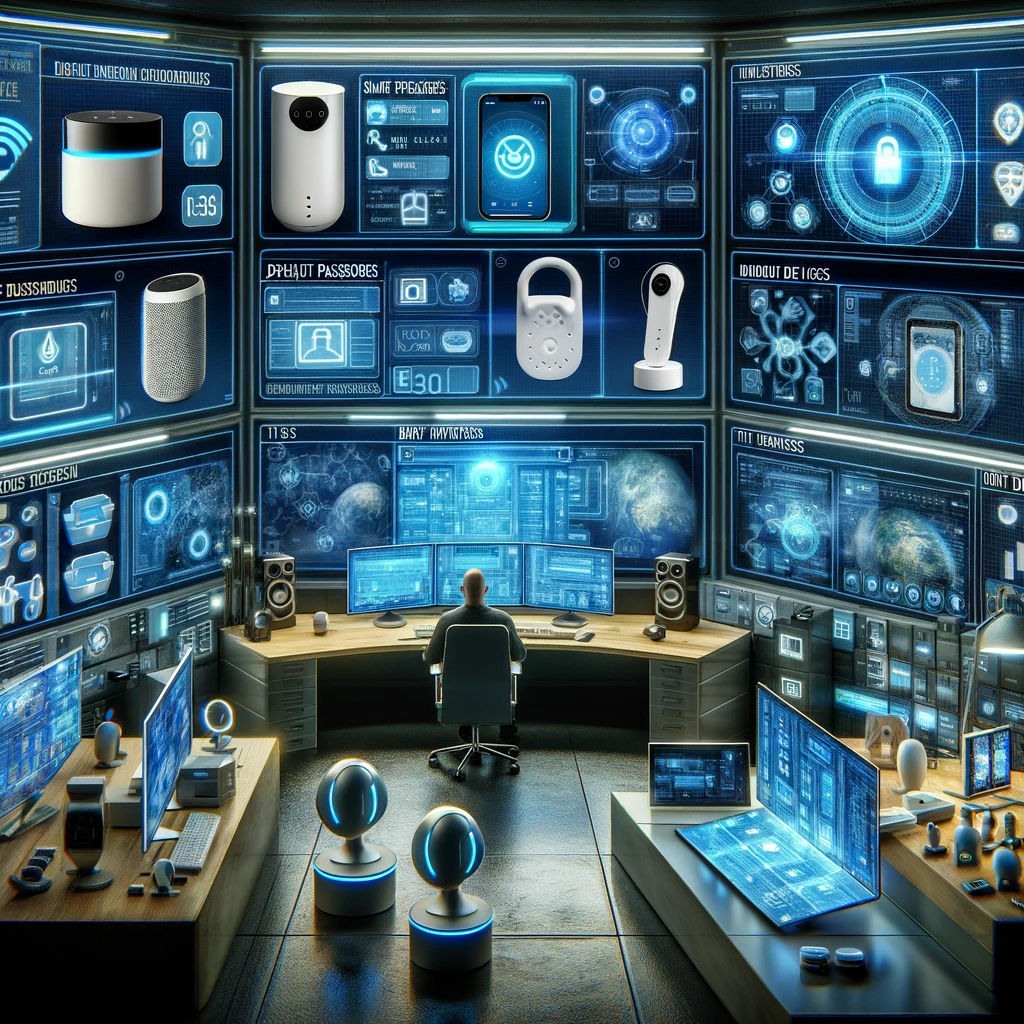 A futuristic cybersecurity command center with digital screens displaying a variety of smart devices_ smart speakers, TVs, doorbells, and baby monitors.